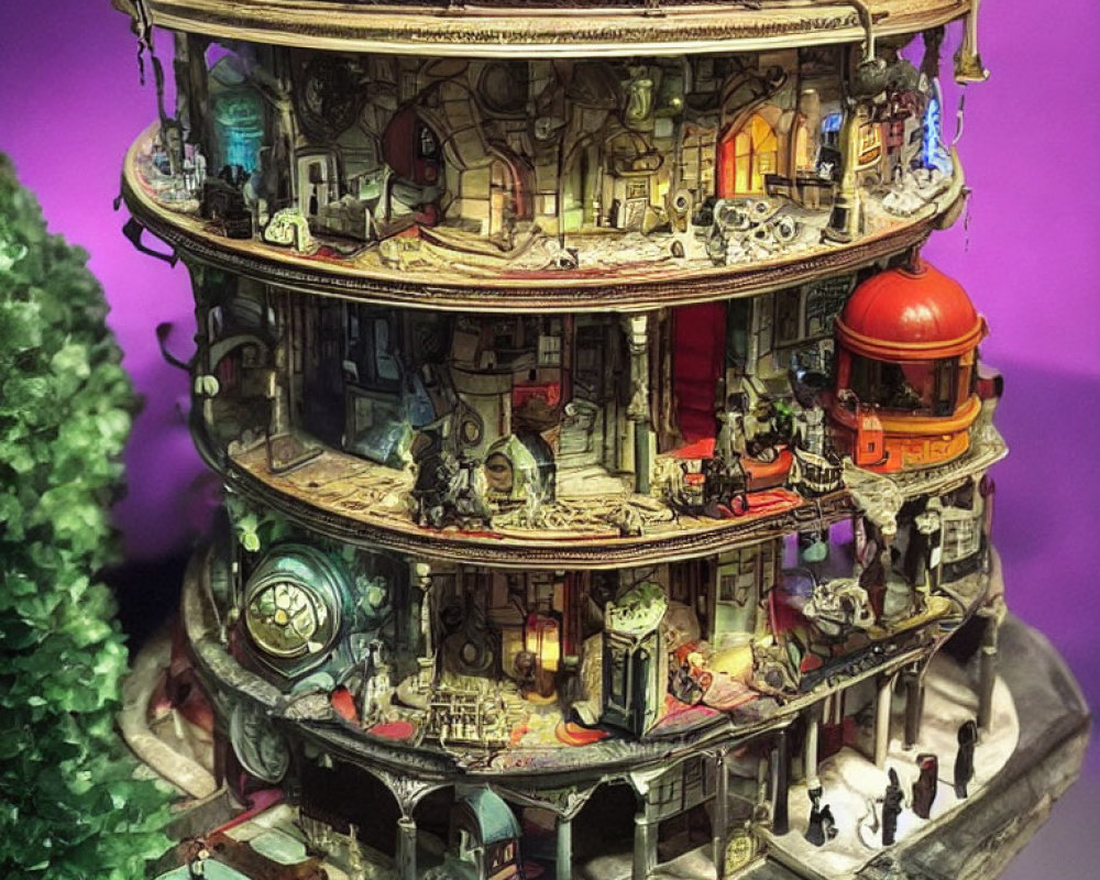 Detailed Miniature Building with Multiple Figures on Purple Background