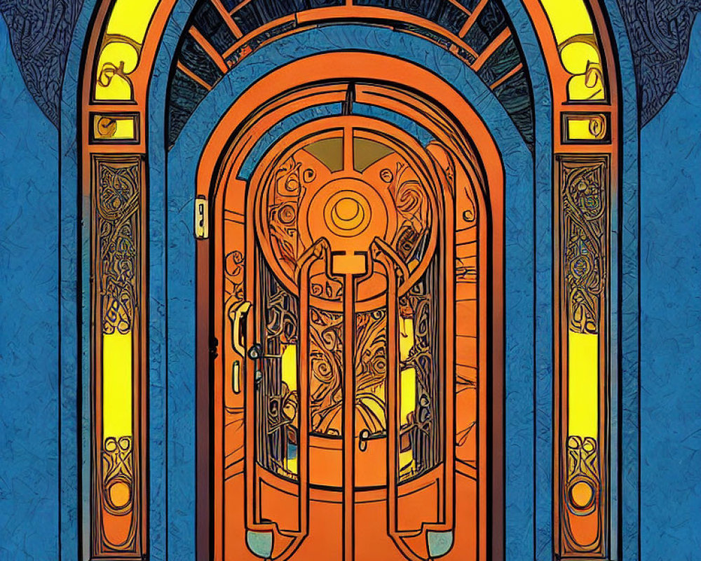 Intricate arched double door with sun design in art nouveau frame