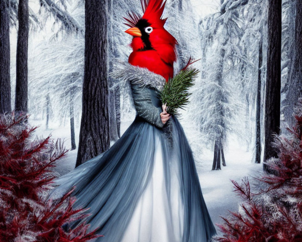 Surreal image: person in gray dress with pine branch, snow forest backdrop, red cardinal head