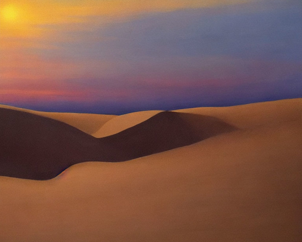 Sunset sky over softly lit sand dunes with warm orange to cool blue and purple hues