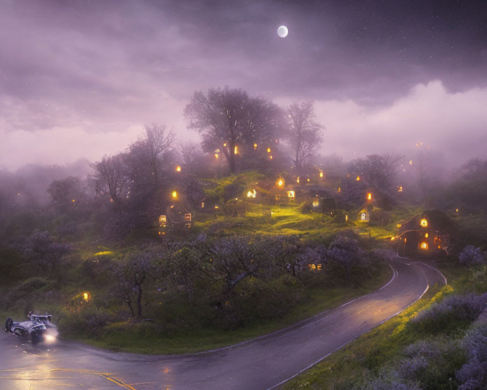 Nighttime scene with car headlights on winding road and hillside lamps under moonlit sky