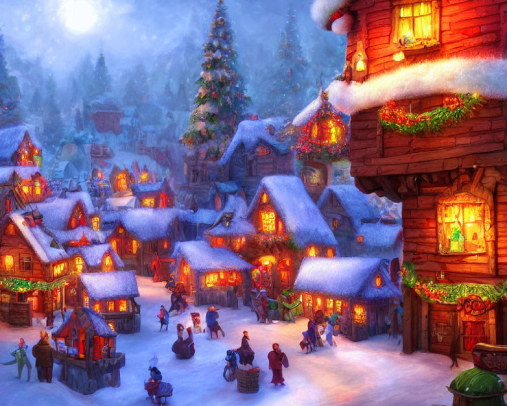 Snow-covered winter village scene at night with glowing homes and festive atmosphere