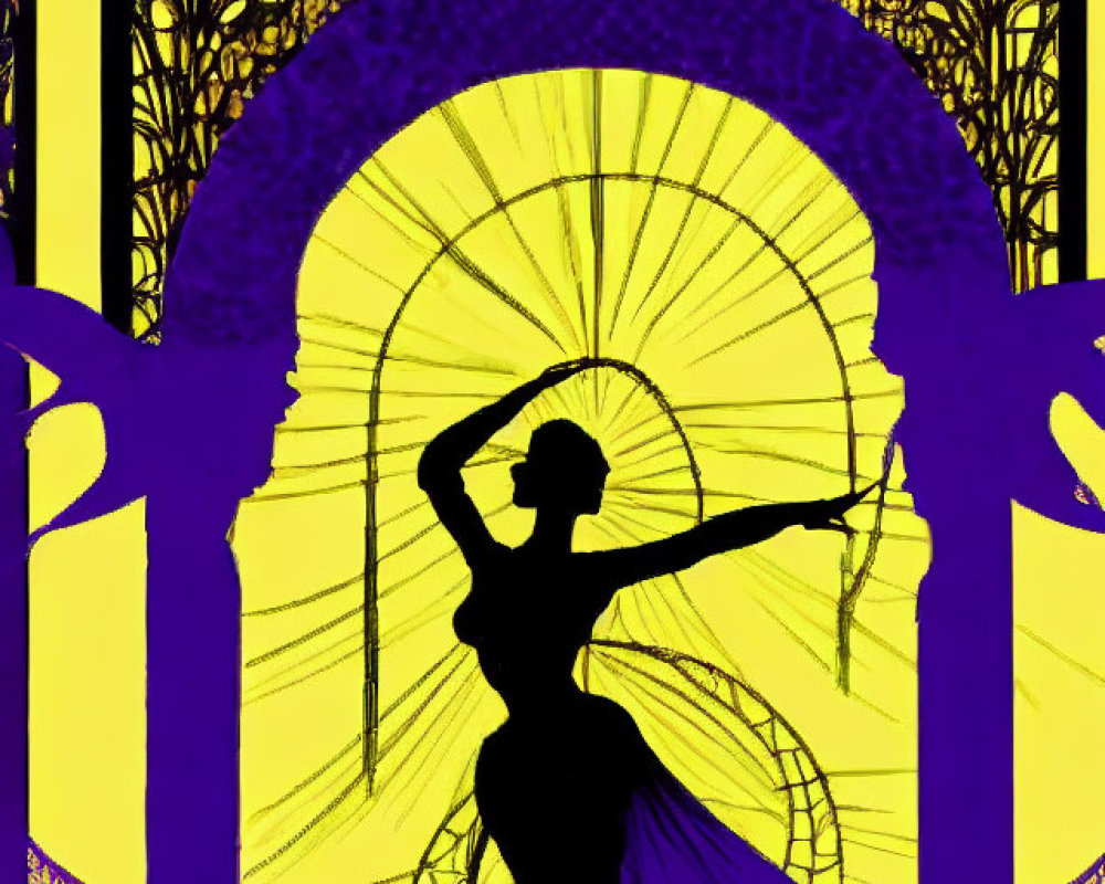 Silhouette dancer with fan on yellow and purple art nouveau background