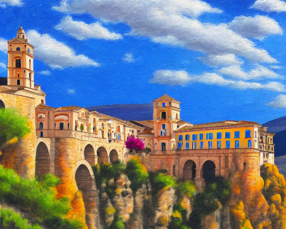 Historic building with bell tower and arch bridge in vibrant painting