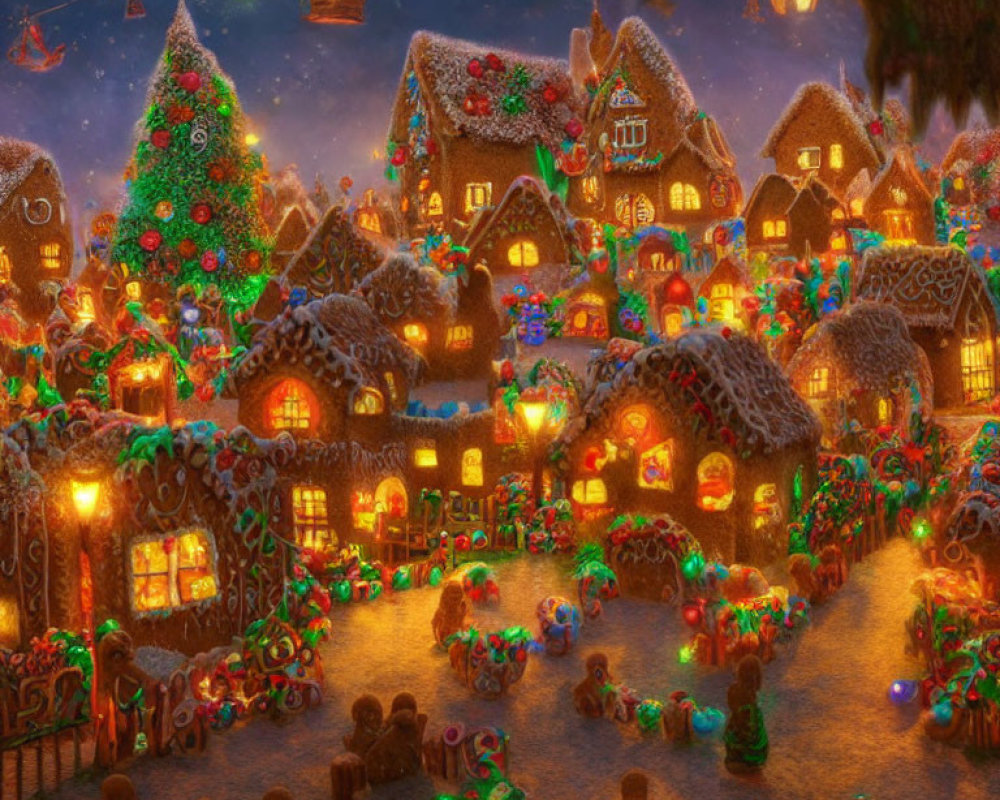 Festive Christmas village with gingerbread houses and twinkling lights