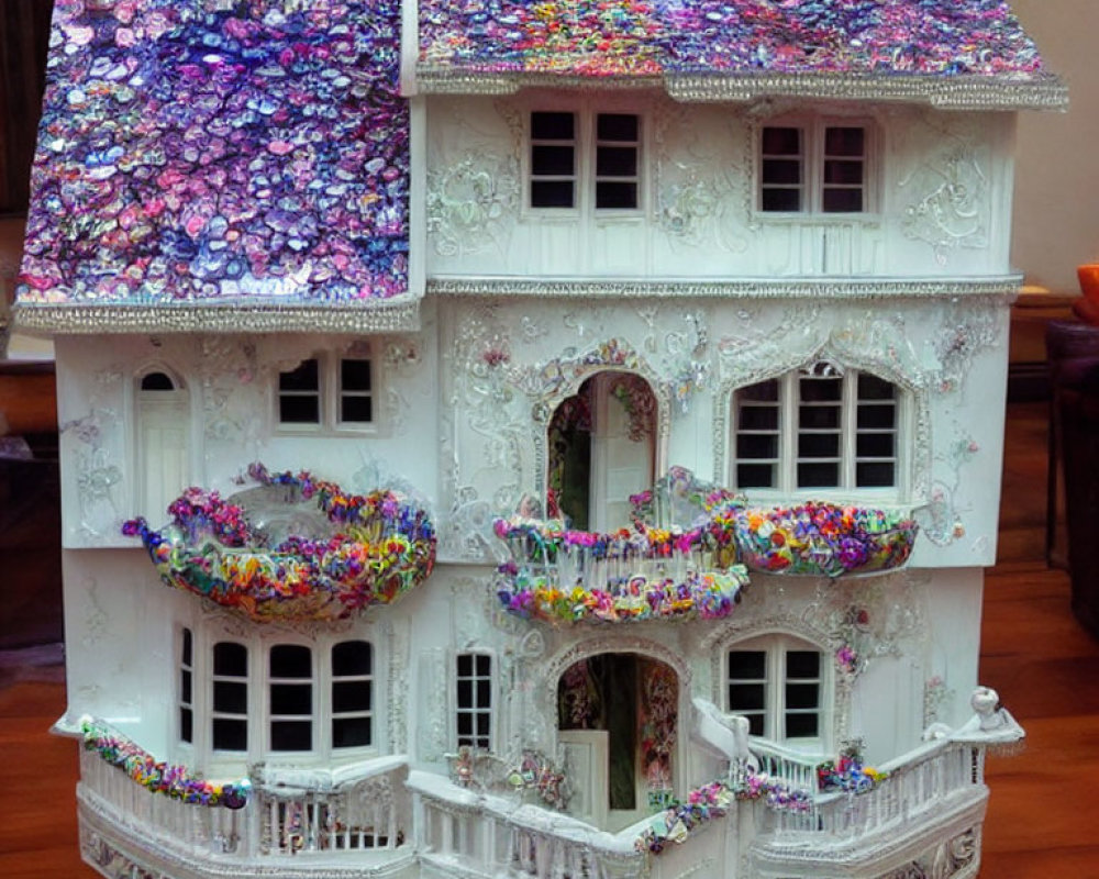 Detailed White Dollhouse with Colorful Flower-Patterned Roof