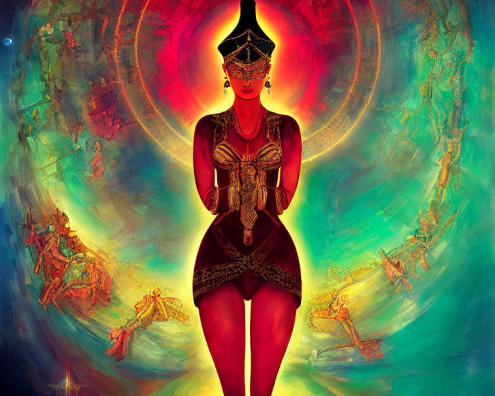 Colorful surreal artwork with central figure in ornate attire and mystical circular backdrop.