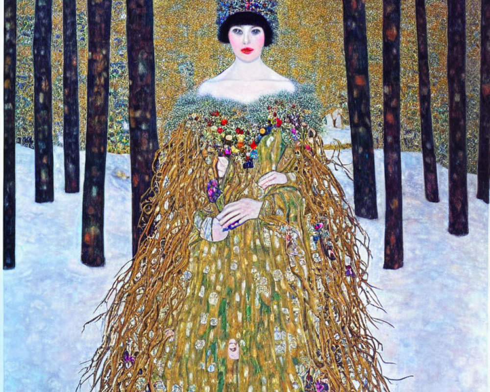 Woman in ornate gold dress in snowy forest with dark trees