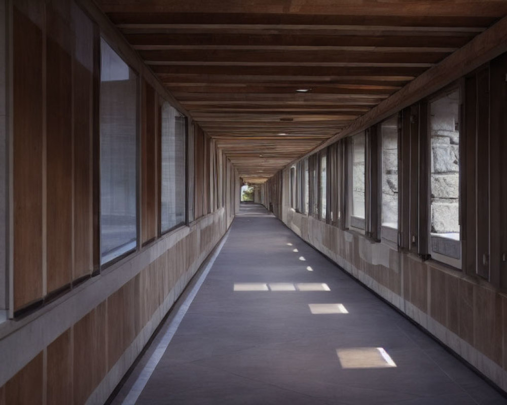 Contemporary hallway with wooden ceiling and stone walls under natural light.