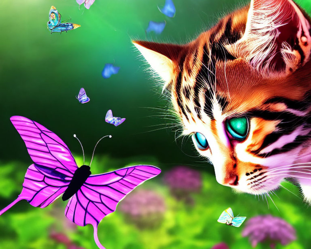 Colorful cat illustration mesmerized by blue-eyed butterflies in lush green setting