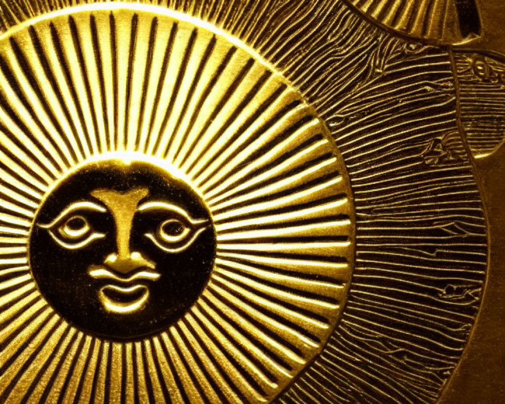 Intricate sun face design on golden textured surface