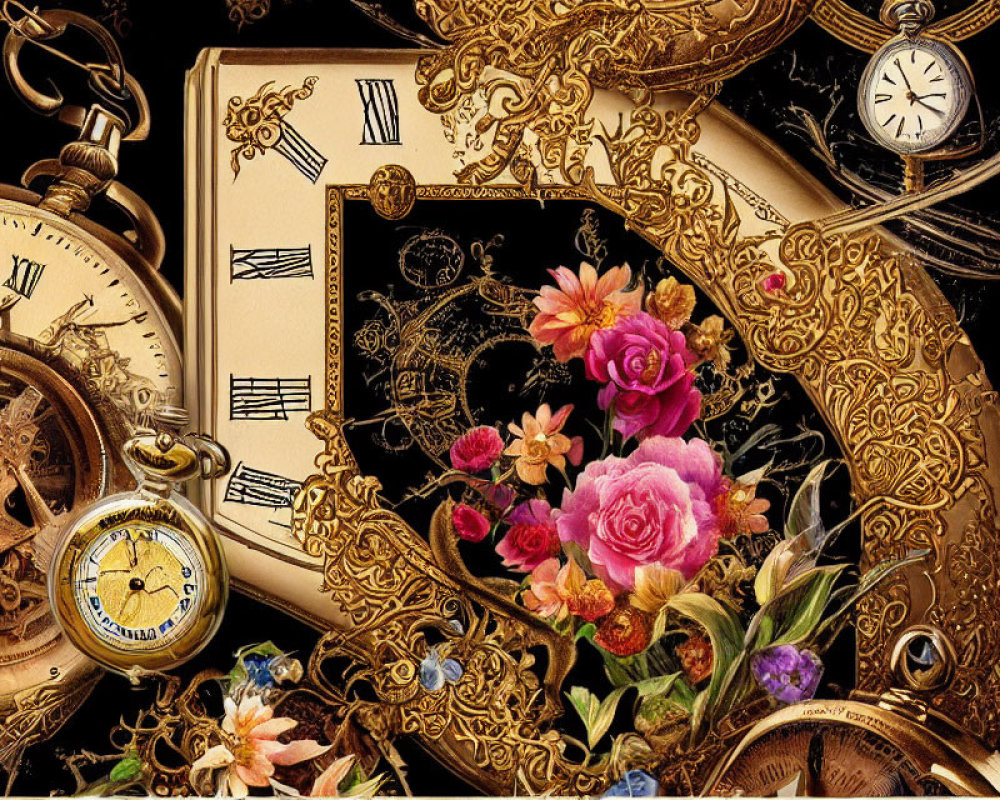 Vintage Pocket Watches, Frames, Flowers, and Musical Notes on Dark Background