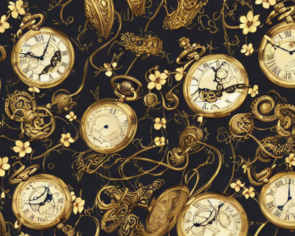 Golden pocket watches and floral motifs on dark navy background