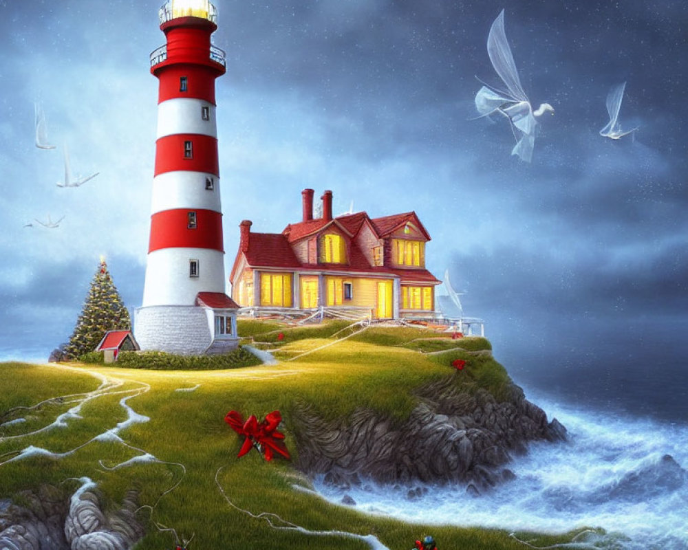 Festive lighthouse with wreath, illuminated house, seagulls, Christmas tree on cliff