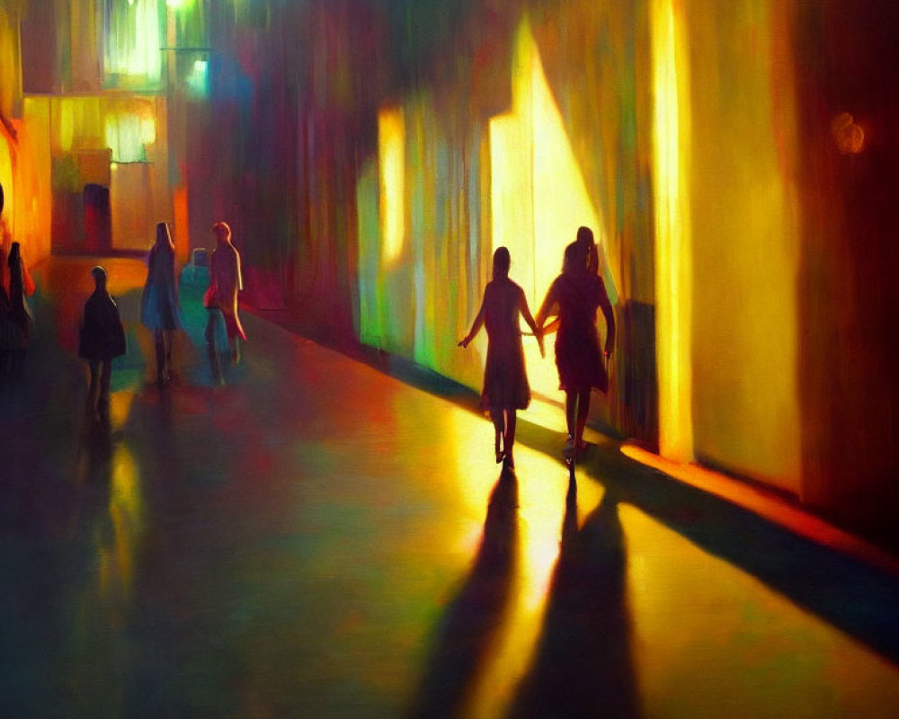 Vibrant painting of people with elongated shadows in urban setting