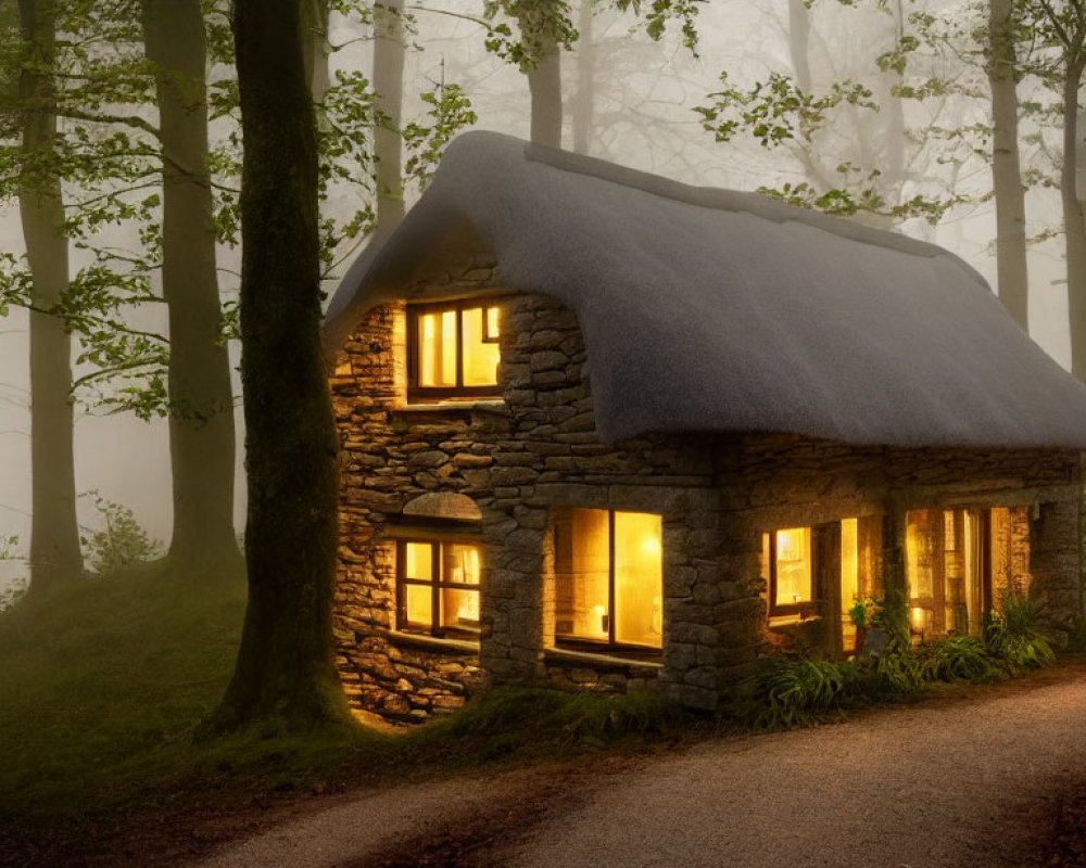 Thatched roof stone cottage in misty forest