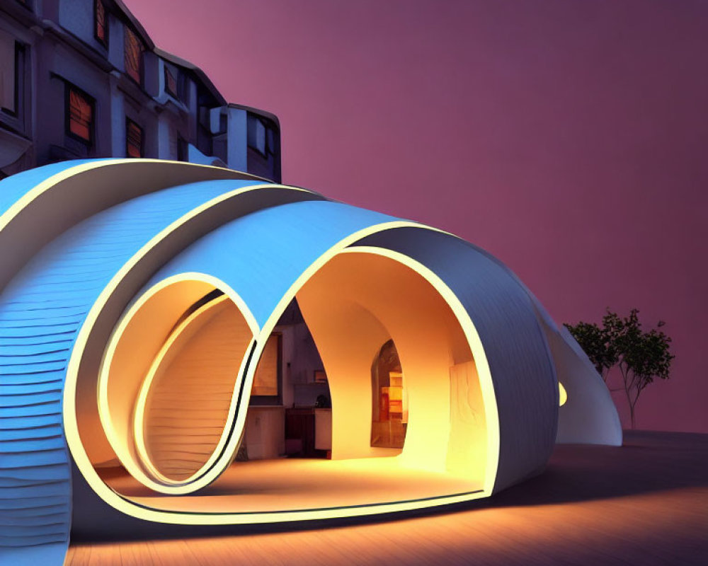 Wave-like modern building with layered arches and soft twilight illumination