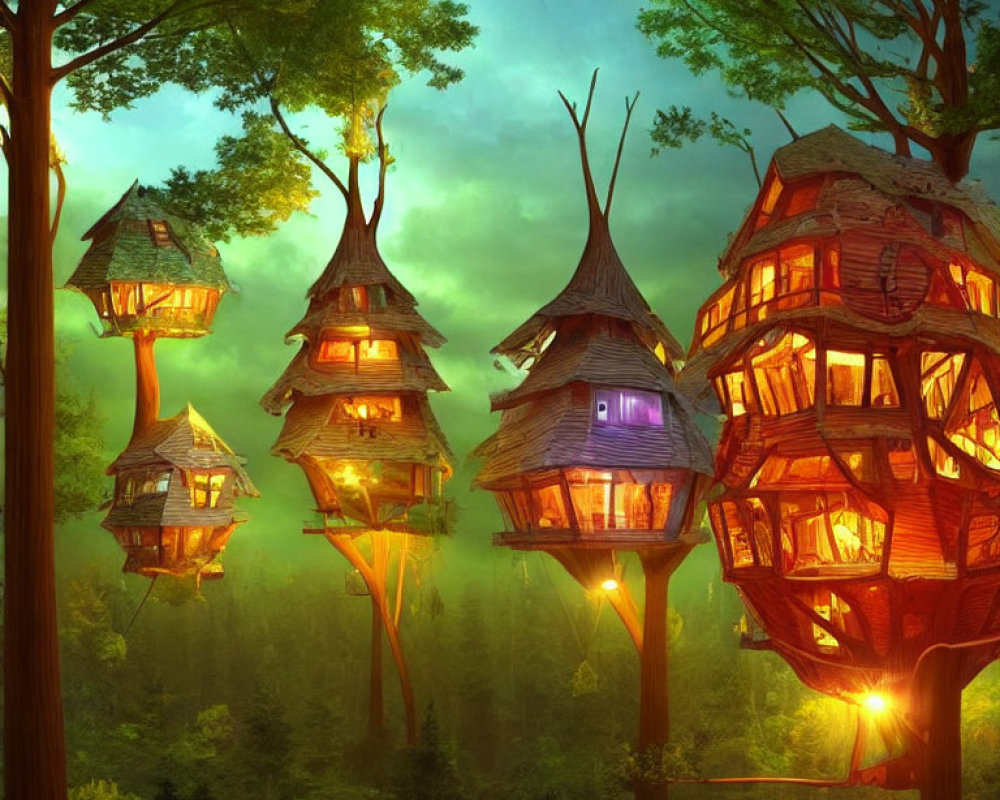 Enchanted Forest with Illuminated Treehouses in Twilight