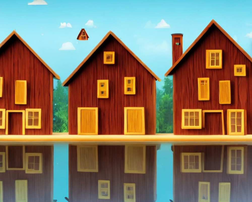 Stylized wooden houses with yellow windows reflected on calm blue water surface