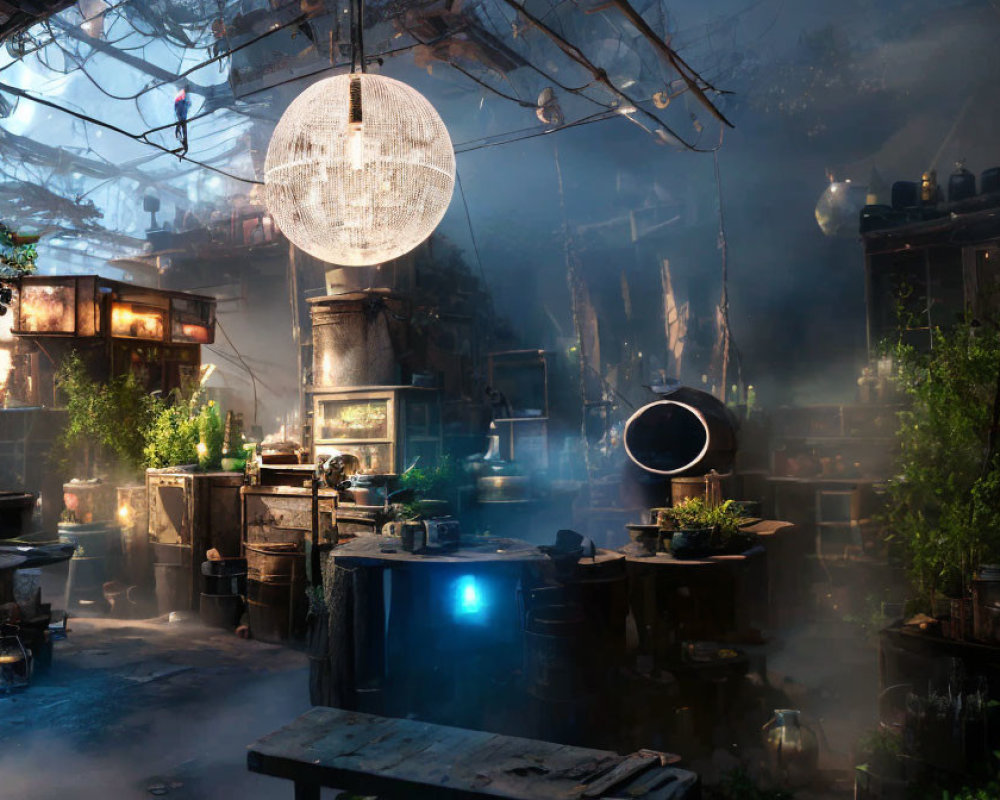 Eclectic Machinery and Greenery in Dimly Lit Workshop