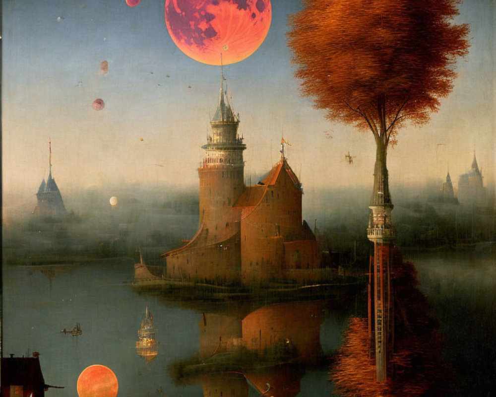 Fantastical scene: large castle, orange tree, moons, planets, dusky sky, calm