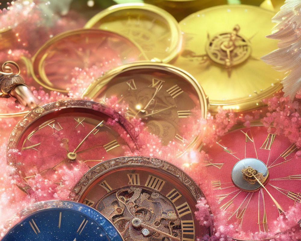 Vintage Pocket Watches Among Pink Crystalline Structures and Sparkling Particles