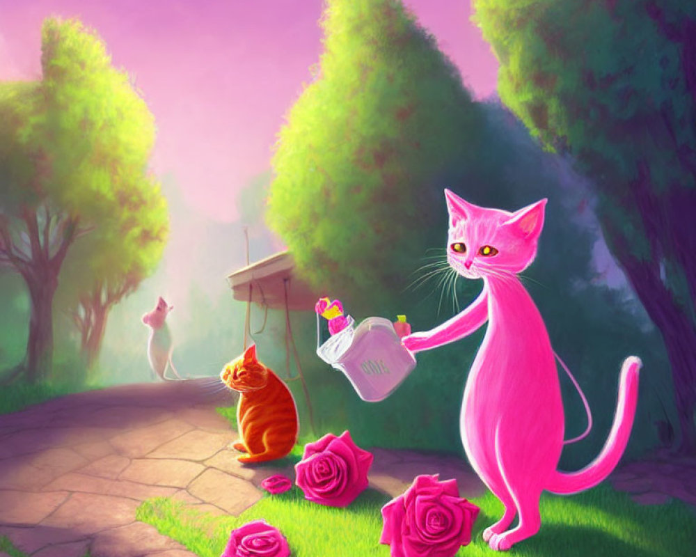 Illustration of a pink cat with a watering can in a magical garden scene