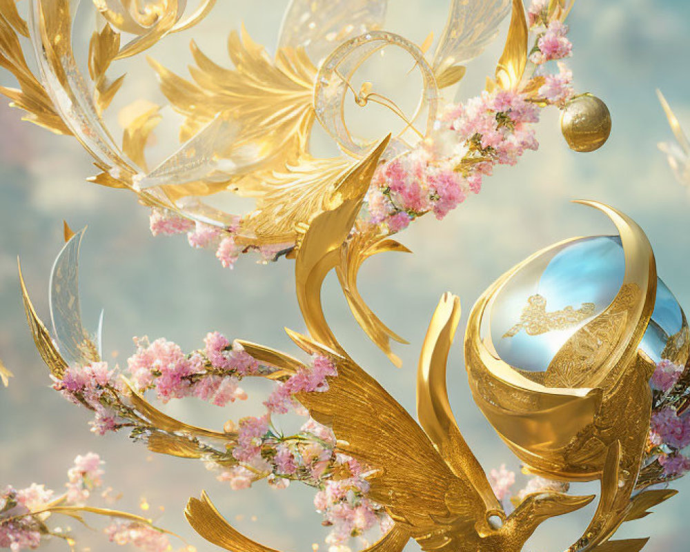 Golden winged ornaments and pink blossoms in a celestial setting