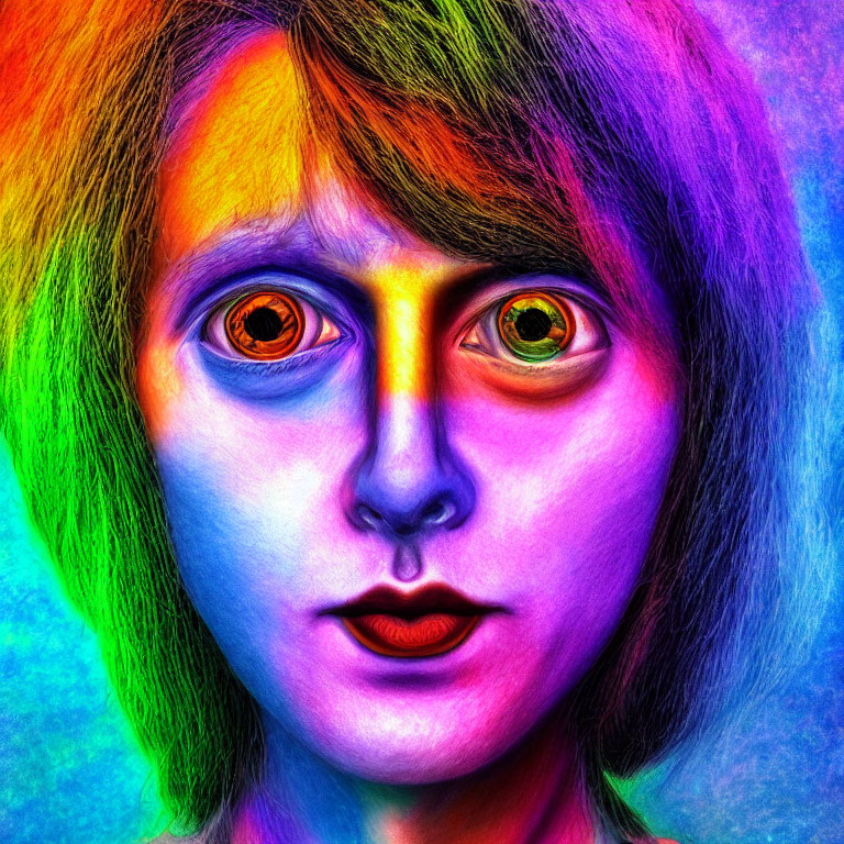 Colorful Face with Rainbow Hues and Intense Orange Eyes