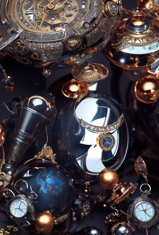 Intricate golden pocket watches and compasses among light and dark bulbs