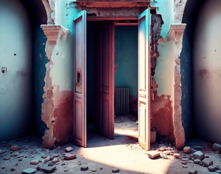 Decaying walls and open doors in weathered room with warm light