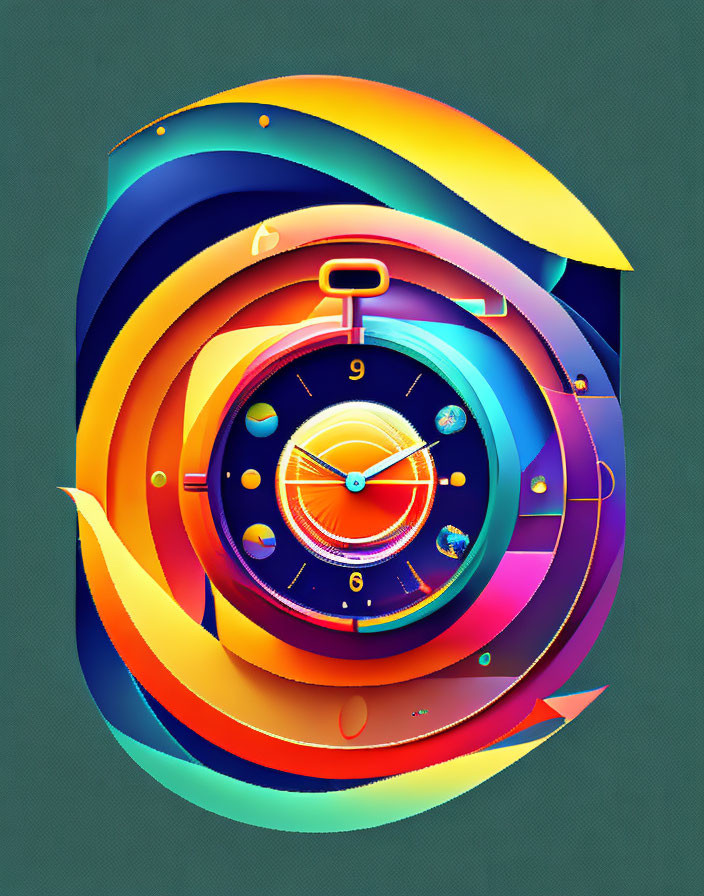 Vibrant abstract digital artwork with stylized clock and swirling patterns