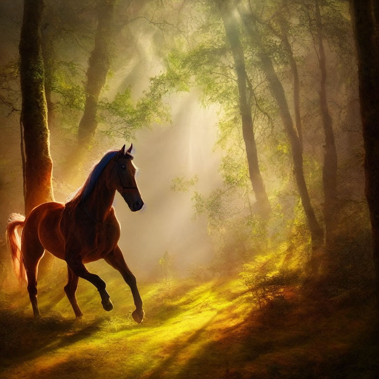 Brown horse galloping in sunlit forest with light beams