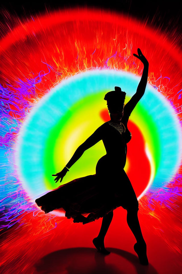 Vibrant neon colors silhouette dancer in motion