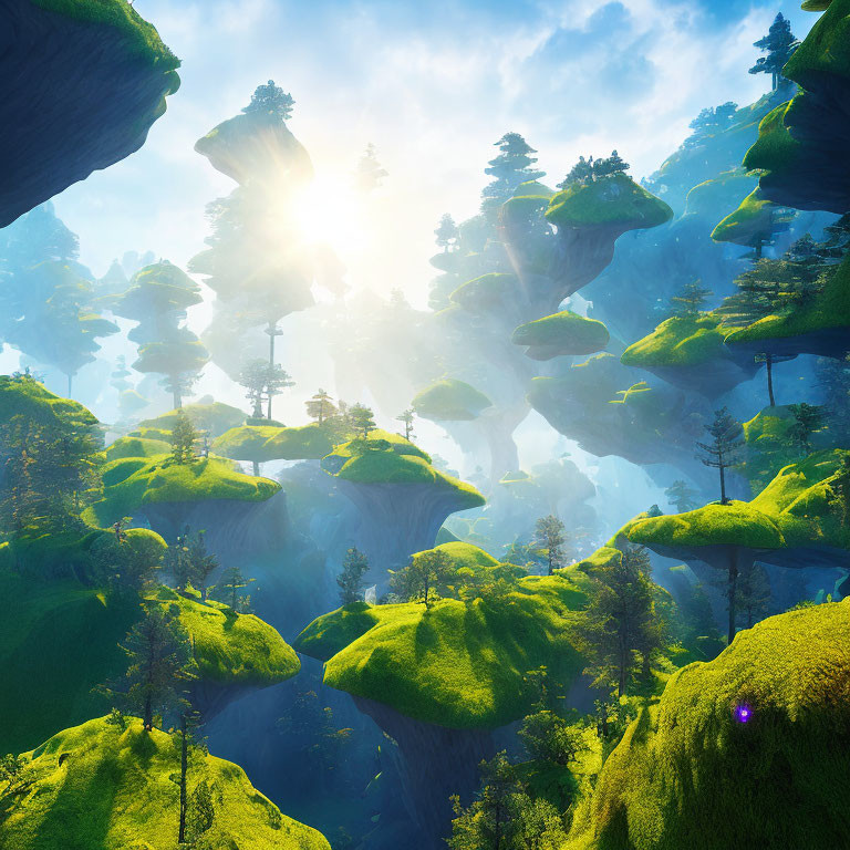 Floating islands with green foliage under a bright sun in a clear blue sky