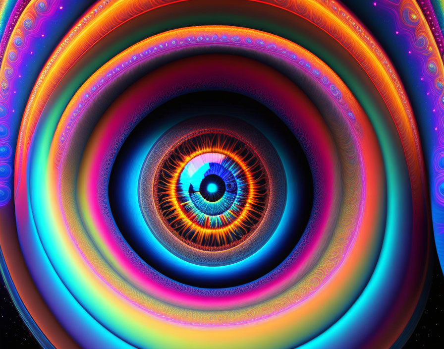 Colorful Eye-like Fractal with Rainbow Circles on Black Background