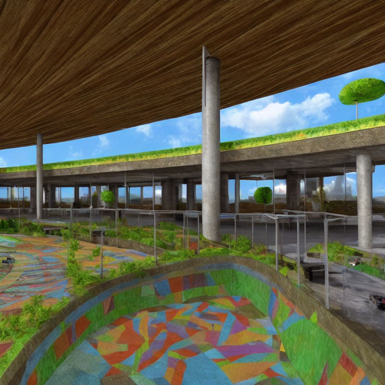 Modern multi-level urban space with green roofs, colorful mosaic floor, and highway.