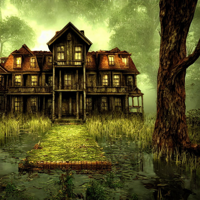 Desolate mansion in swampy forest with moss-covered pathway