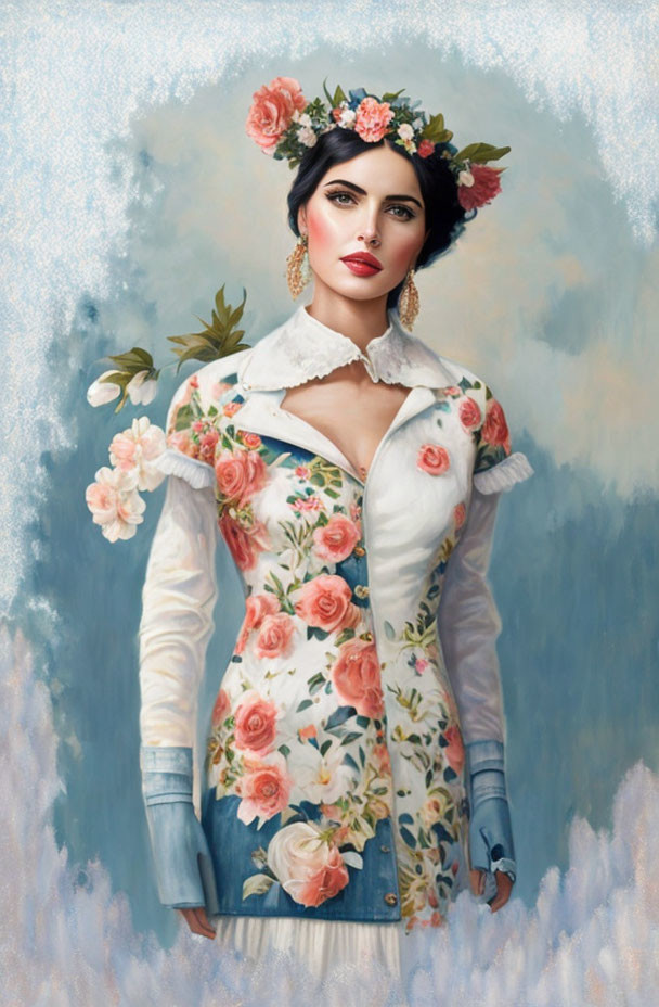 Portrait of Woman with Dark Hair in Floral Corset Top and Red Flowers