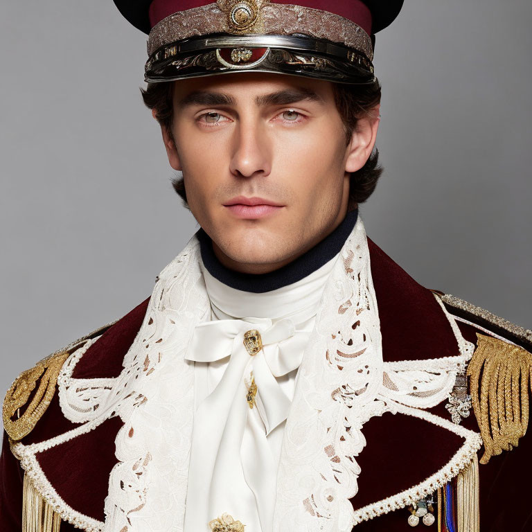 Ceremonial military uniform with decorated cap and medals