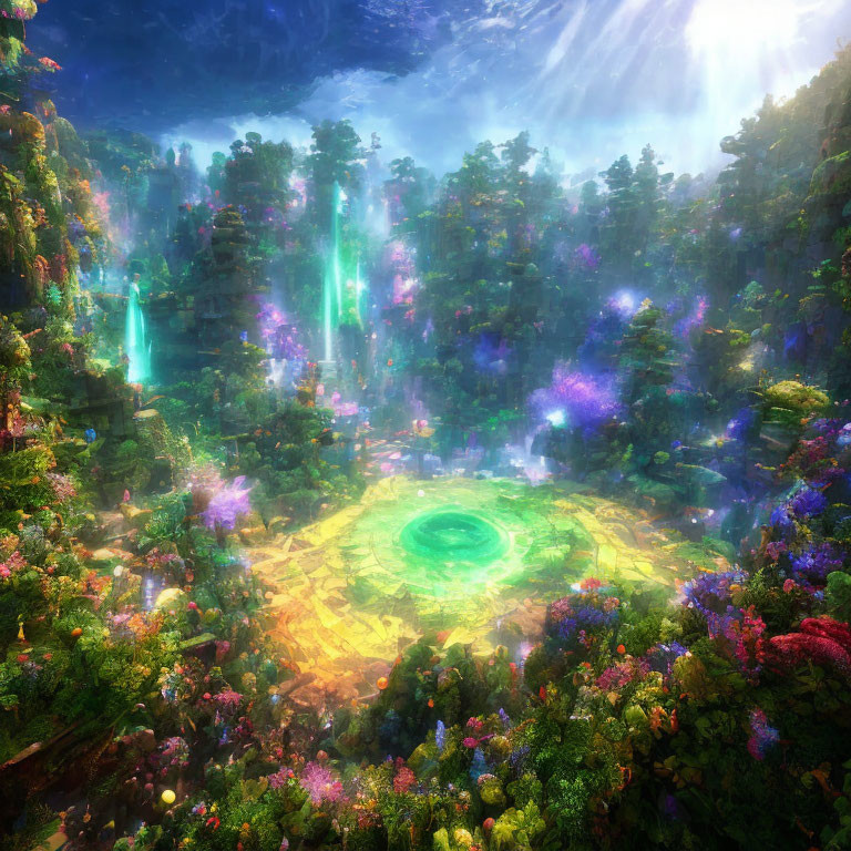 Enchanting mystical forest with glowing circle and lush foliage