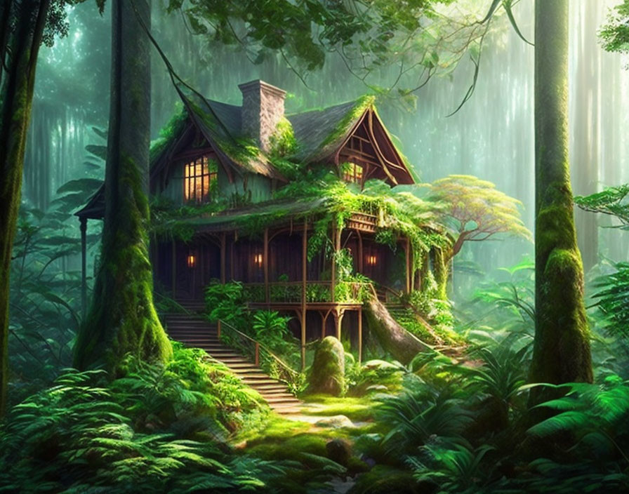 Fantasy-inspired cottage in lush forest with large porch