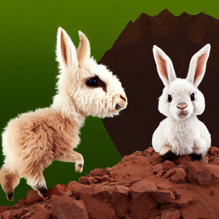 Stylized llama and rabbit plush figures on two-tone background