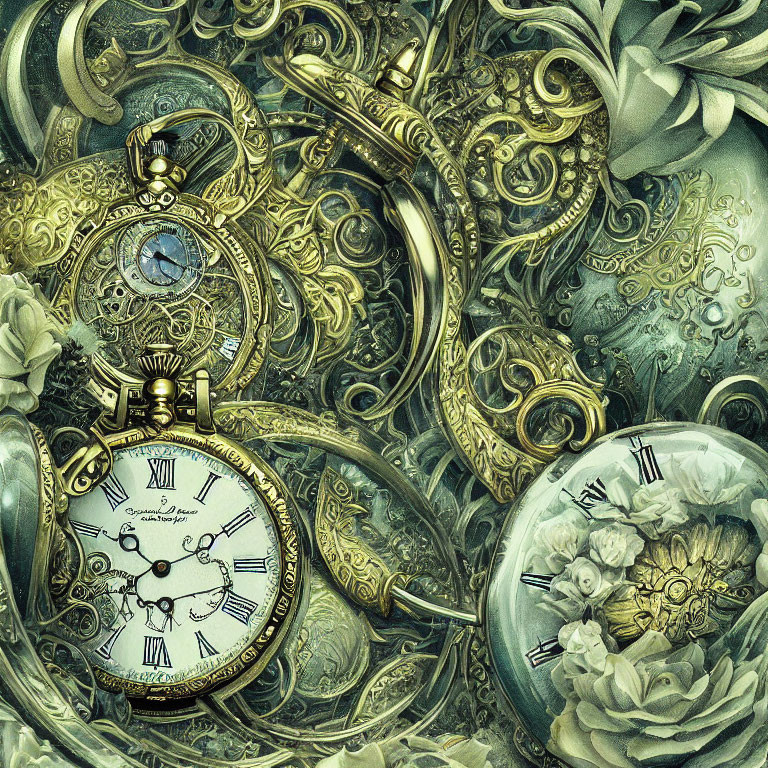 Detailed Steampunk Illustration with Gears, Watches, and Florals