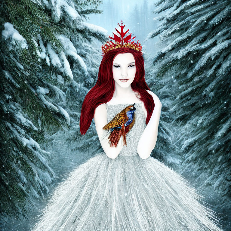 Red-haired woman with crown holding bird in snowy forest scene