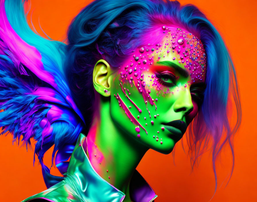 Vibrant neon makeup woman with colorful paint on skin against orange background