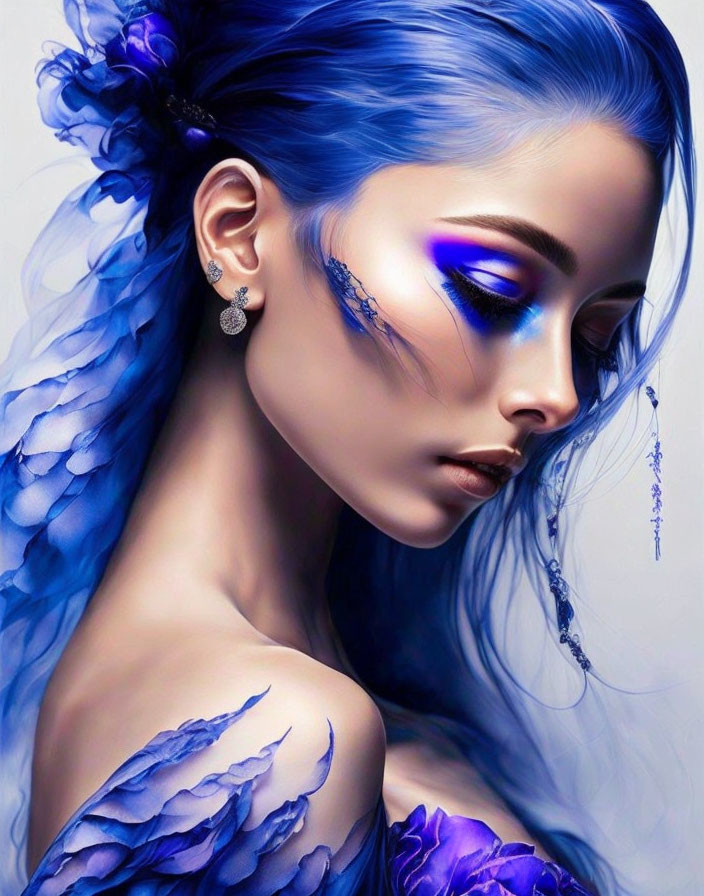 Portrait of Woman with Vibrant Blue Hair & Floral Shoulder Embellishments