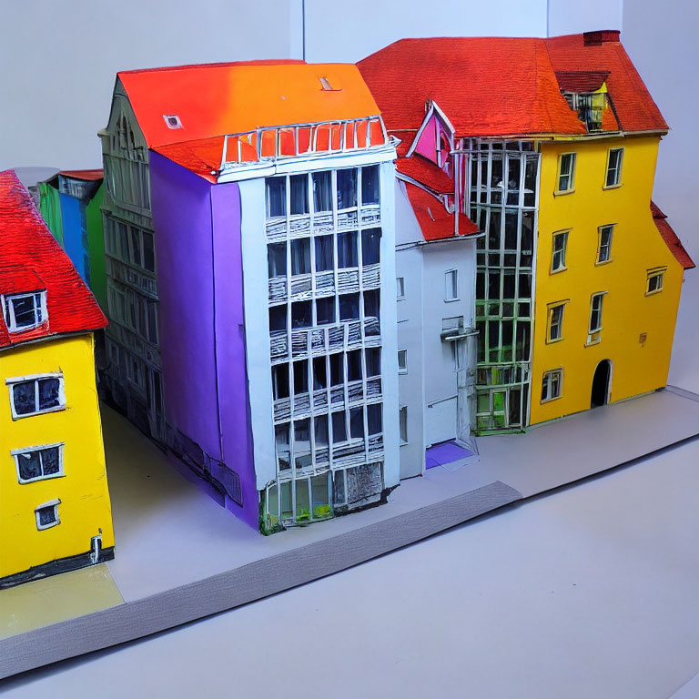 Vibrant 3D paper model of urban street with colorful buildings