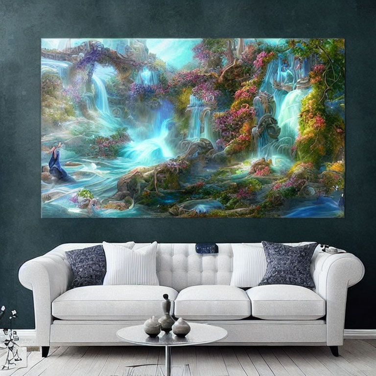 Fantastical landscape canvas print above white couch