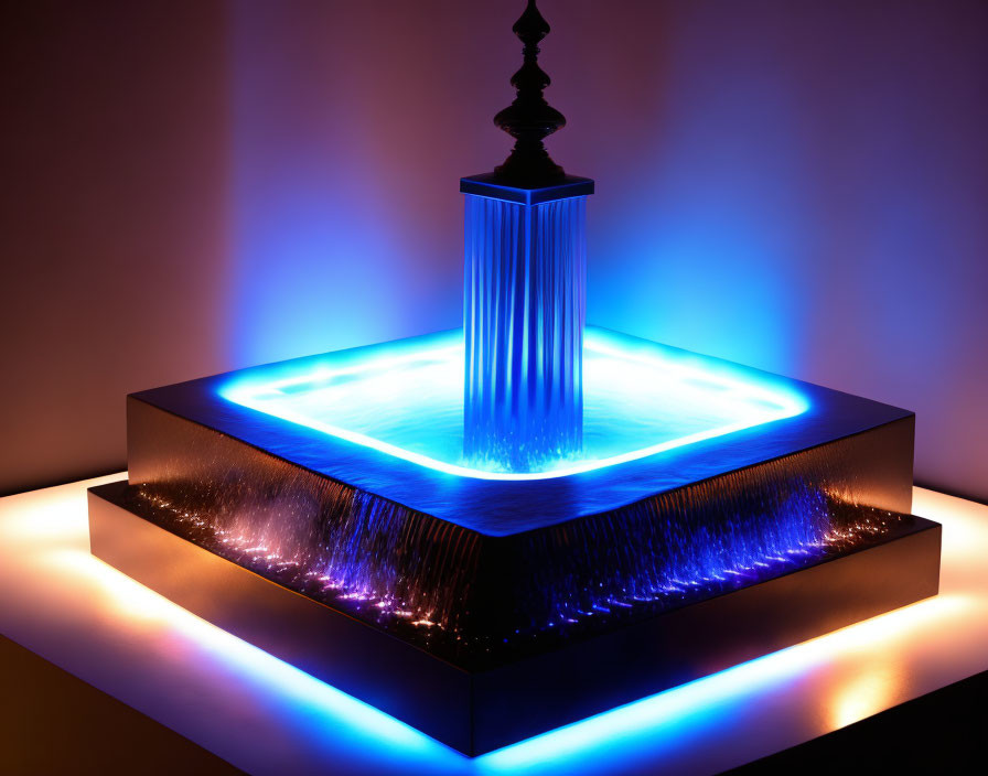 Vibrant blue illuminated water fountain against warm backdrop